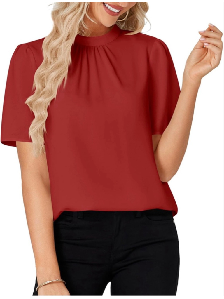 New Rooscier Mock Neck Short Sleeve Ruched Front Career Blouse Xs